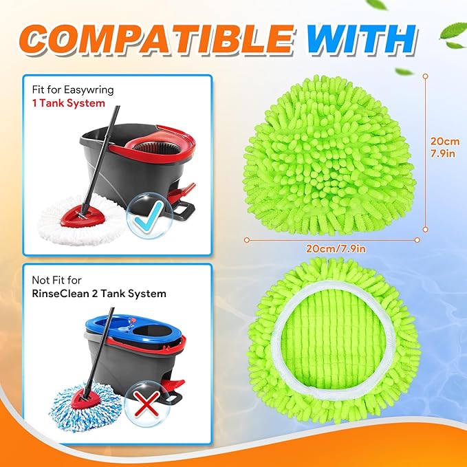 4 Pack Mop Pads Compatible with O-Cedar Easy Wring 1-Tank Spin Mop System, Replacement for Hardwood Floor Cleaning, Green