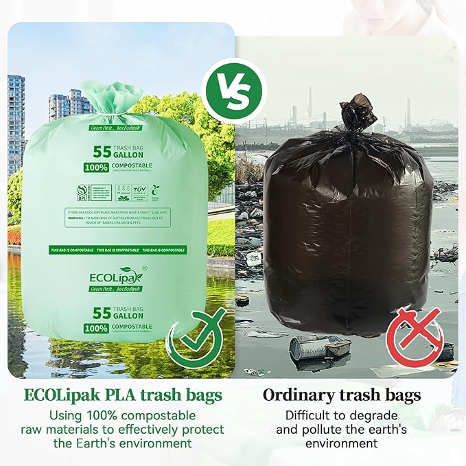 ECOLipak 55 Gallon Compostable Trash Bags, 12 Count Heavy Duty Extra Thick 1.57 Mil, 208.2 Liter Large Garbage Bags for Commercial/Lawn/Yard/Restaurant, US BPI ASTM D6400 and OK Compost Home Certified