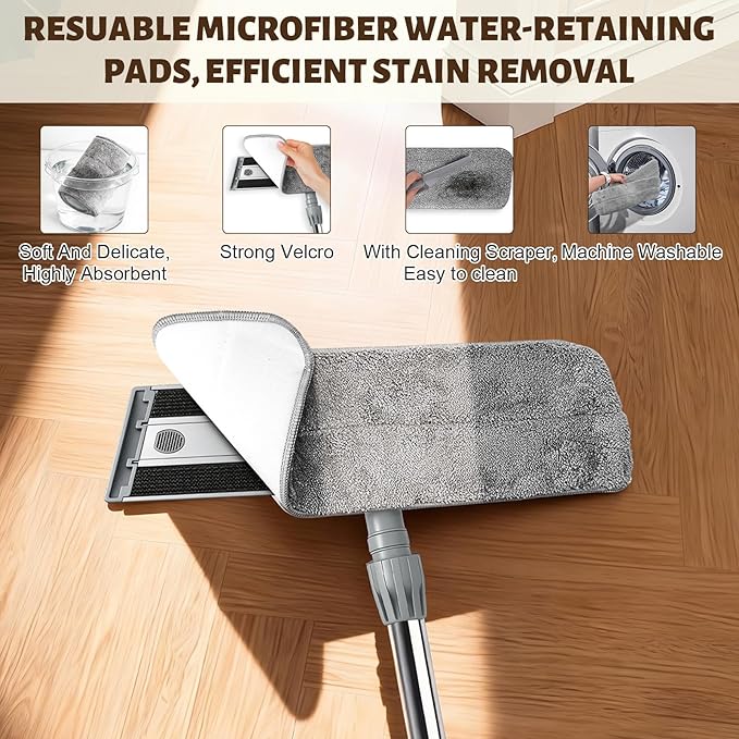 17.7" Microfiber Mop for Floor Cleaning, 59in Long Adjustable Stainless Steel Handle, 360° Rotating Large Flat Mops, 4 Washable Pads for Dry & Wet Cleaning for Hardwood, Vinyl, Laminate, Grey
