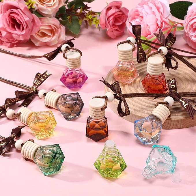 Mudder 50 Pcs Gradient Hanging Car Air Freshener Empty Clear Glass Diffuser Bottles for Essential Oils Perfume Pendant for Women Guests Wedding Favors Employee Appreciation Gifts(Rhombus,Colorful)