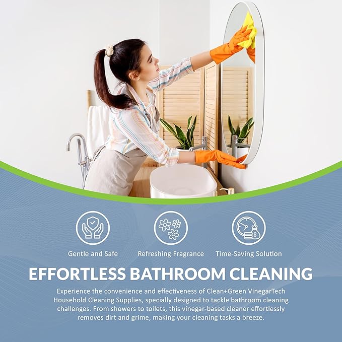 CLEAN+GREEN VinegarTech Bathroom Cleaner - Vinegar Spray All Purpose Cleaner Removes Dirt & Grime Shower, Tub, Tile Floor - Vinegar Cleaner Household Cleaning Supplies - Cleaning Vinegar 24 Fl Oz