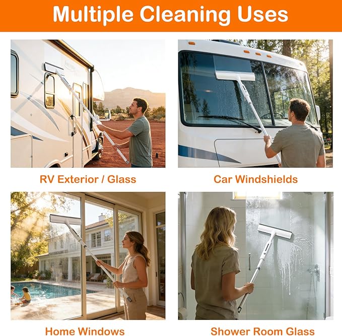 RV Window Cleaning Squeegee with Spray, Max 73.3" Handle, Motorhome & Camper Exterior Glass Cleaner, 3-in-1 Spray Mop for High Windows, Home & Car