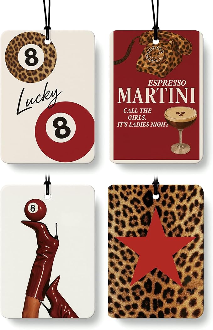 Trendy Red Leopard Print Car Air Freshener 4 Pcs, Funky Girly Cheetah Print Lucky 8 Ball Star Hanging Air Freshener for Cars Closet Drawer Books, Leopard Car Accessories Mirror Decor for Women