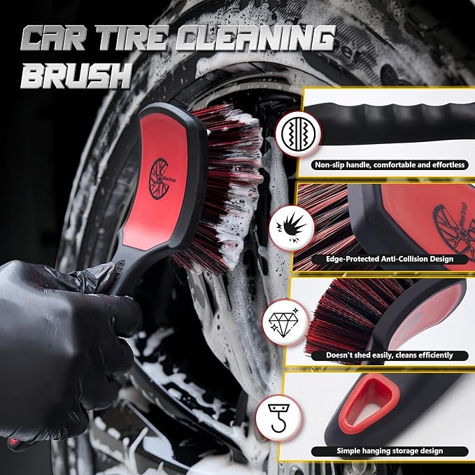 Wheel & Tire Brush Set, 2 Pack Car Wheel Brush & Tire Cleaner Brushes, Soft Bristle Rim Brush and Stiff Tire Scrub Brush, Scratch-Free Wheel Cleaning Kit for Car Detailing, Trucks, SUVs
