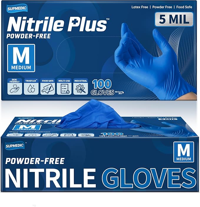 Disposable Nitrile Gloves, 5Mil Chemical Resistant Powder-Free Latex-Free Glove Exam Cook Tattoo, Black Blue 100Pcs