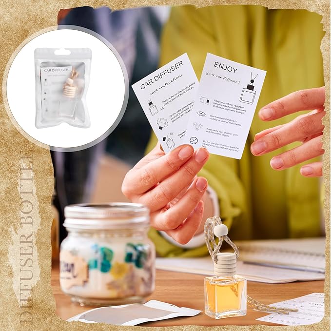 Boao 150 Sets Hanging Car Air Freshener Diffuser Bottles with Instruction Card and 4 x 6'' Resealable Holographic Bag for Empty Car Essential Oil Perfume Bottles Packaging (Cube)