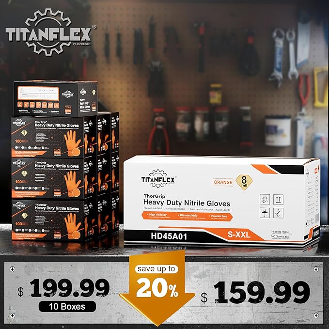 TitanFlex Heavy Duty Orange Industrial Nitrile Gloves with Raised Diamond Texture, Latex Free (6mil/8mil)