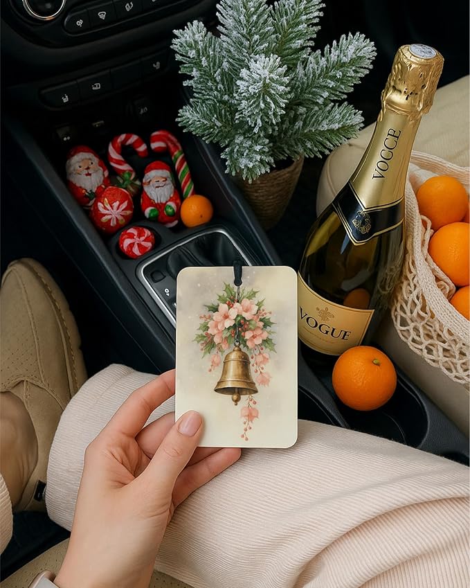 Pink Christmas Berry Car Air Freshener 4 Pcs, Coquette Pink Bow Xmas Tree Candle Reindeer Bell Hanging Air Freshener for Cars Closet Drawer Books, Girly Car Accessories Mirror Decor for Women