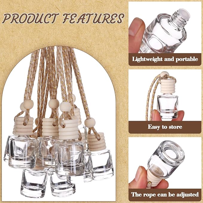 210Pcs 8ml Hanging Car Air Freshener Diffuser Cylindrical Empty Clear Glass Essential Diffuser Oil Aromatherapy Fragrance Perfume Pendant Glass Vial with Wooden Caps Hanging String Car Diffuser Bottle