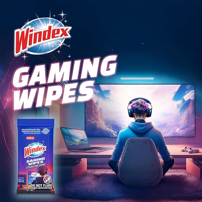 Windex Gaming Cleaning Wipes, Ammonia-Free Anti-Static Electronics Cleaner for Consoles, Controllers, Screen, TV, Computer Monitor & Keyboard, Streak-Free Pre-Moistened, 25 Count (Pack of 12)