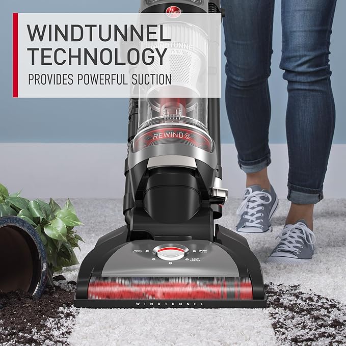 Hoover WindTunnel Cord Rewind Pro Bagless Upright Vacuum Cleaner, For Carpet and Hard Floors, UH71300V, Black, UH71300 (Renewed)