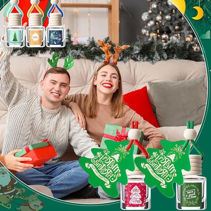 Boao 15 Pcs Christmas Employee Appreciation Gifts Hanging Car Air Freshener Diffuser Bottles Bulk Empty Perfume Glass Bottle Pendant with Christmas Tree Cards & Stickers for Essential Oil Fragrance