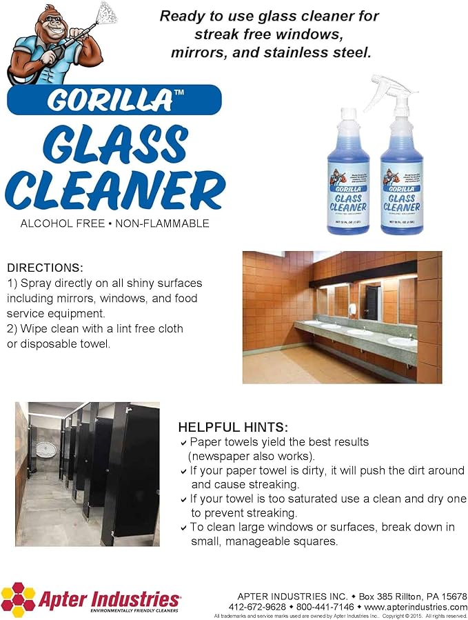 Gorilla Glass Cleaner, Ready-To-Use, Alcohol-Free Glass Cleaner, 32oz. (Pack of 2)