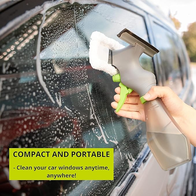 True & Tidy Window and Glass Cleaner Refillable Spray Bottle with Built-in Squeegee and Machine-Washable Microfiber Scrubber, Use Any Cleaning Solution, 10 inches