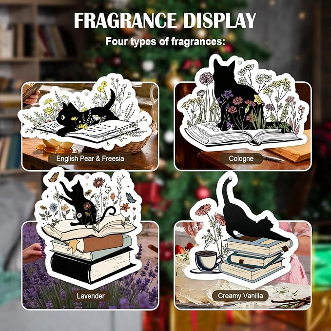 Floral Black Cat Reading Car Air Freshener 4 Pcs, Book Lover Reader Gifts, Black Cat Gifts Hanging Air Freshener for Books Reading Nook Library, Bookish Car Accessories for Women Girls