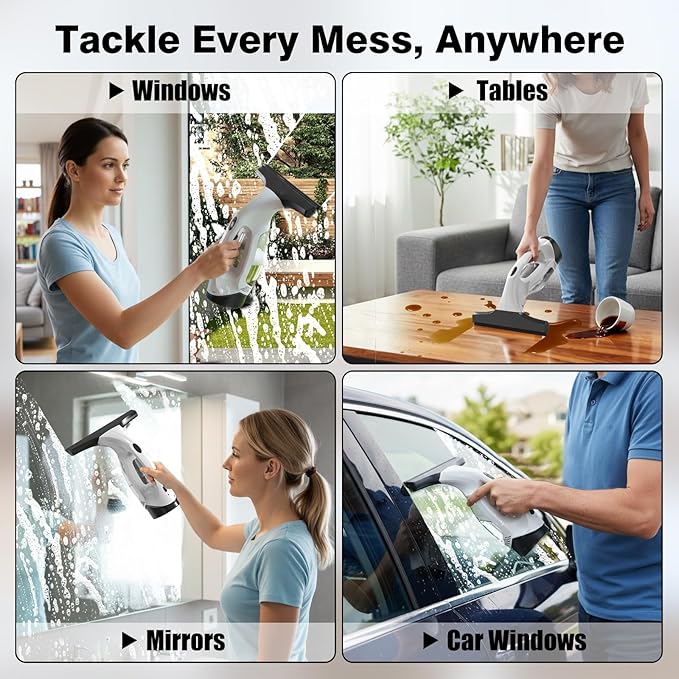 Window Vacuum Squeegee Cordless, Electric Window Cleaner Tool with & Water Collection Tank, Cleaning Kit Shower Squeegee for Glass Doors, Windows, Mirrors, Car