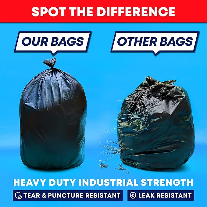 Veska Contractor Garbage Bags 55 Gallon 3 MIL Heavy Duty (MegaValue 50 Bags w/Ties) Contractor Trash Bags 50-60 Gallon 3 Mil Contractor Bag Heavy Duty 55 Gallon, Extra Large Industrial Contractor