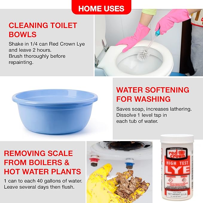 RED CROWN The Boyer Corporation Lye for Soap Making, Sodium Hydroxide Pure High Test Food Grade Lye, Caustic Soda, Drain Cleaner and Clog Remover, 4 Pack 2.2 lbs