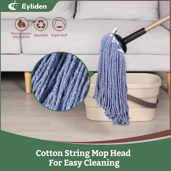 Eyliden String Mop, Cotton Mop with Wet & Dry Non-Touch Replacement, 2 Reusable Heads, 4 Scouring Pads, Adjustable Handle, Home Commercial Floor Cleaning Tools for Tile, Wood, Concrete Surfaces (Blue)