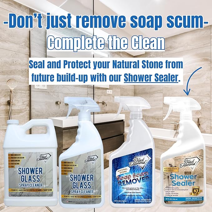 Shower Glass Spray Cleaner – Removes Hard Water Stains, Soap Scum & Water Spots – Glass Shower Door Cleaner for Tile & Bathroom Surfaces – Non-Abrasive, Fast Acting, Prevents Resoiling (128 oz)
