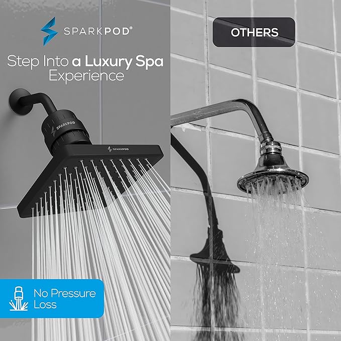 SparkPod Luxury Filtered Shower Head Set 23 Stage Shower Filter - Reduces Chlorine and Heavy Metals - High Pressure Showerhead Filter (8" Square, Midnight Black Matte)
