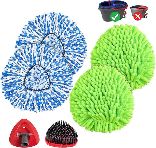 Mop Heads Replacements for Ocedar Easywring RinseClean 2 Tank Spin Mop Replace Heads for O Cedar 2 Tank Spin Mopping Sets Including 4 Pack Refills, 1 Pack Scrub Brush and 1 Base for All Floors Clean