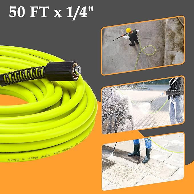 M MINGLE Pressure Washer Hose 50 FT x 1/4" - Replacement Power Wash Hose with M22 14mm Stainless Steel Quick Connect Power Washer Adapter Sets - 3600PSI