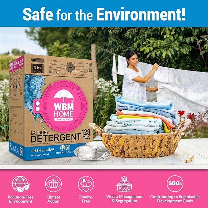 WBM Laundry Detergent Pods, 128 Count | Fresh & Clear Unscented | Laundry Pods 10x Ultrapower Cleaning With Color Protection and Eco-Friendly Packaging