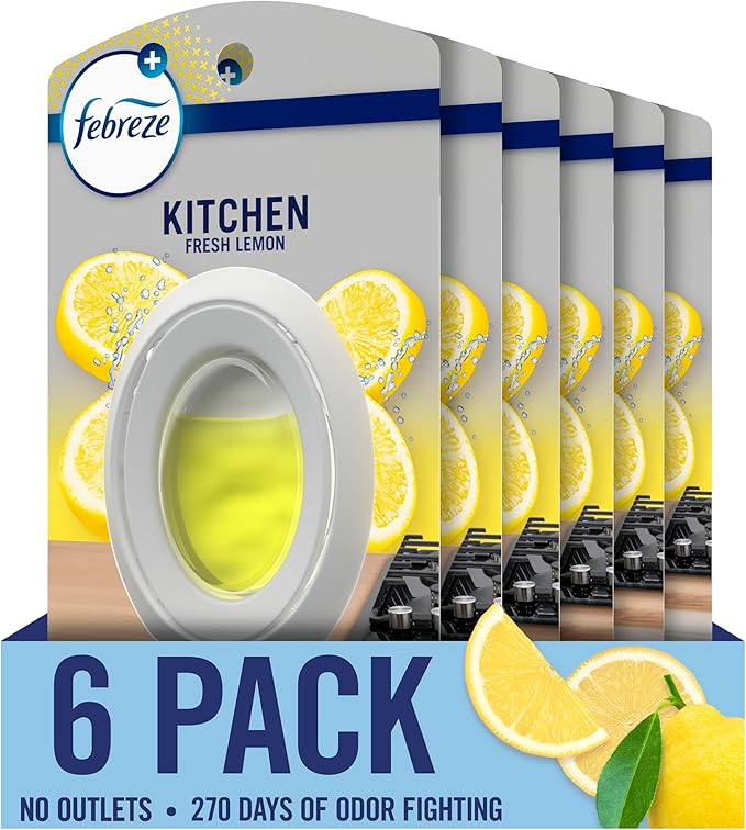 Febreze Kitchen Air Freshener, Odor-Fighting, Plug In Alternative, Air Fresheners for Home and Bathroom and Kitchen, Closet Air Fresheners, Fresh Lemon Scent, 6 Count