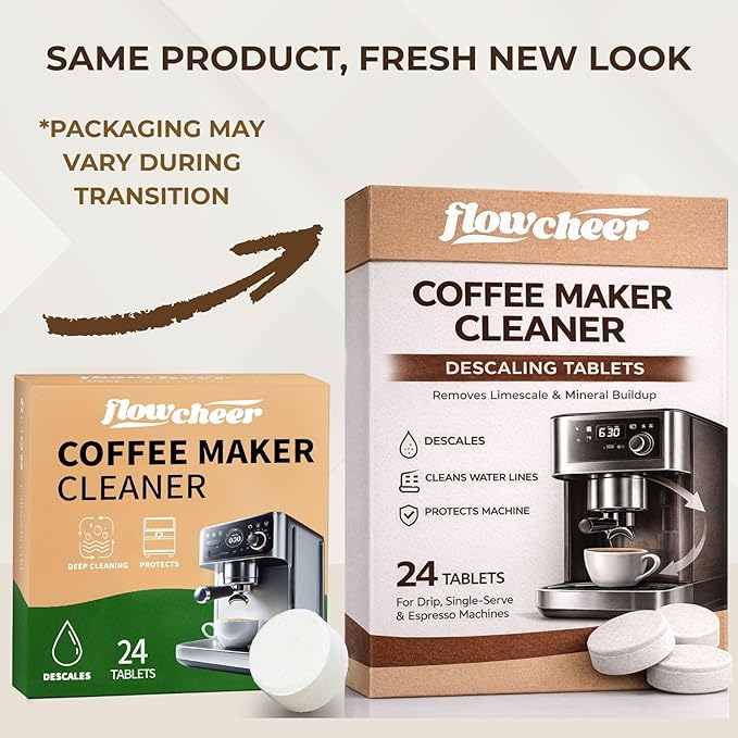 flowcheer Descaler Tablets (24 Pack) - Universal Coffee Maker Cleaner for Breville, Jura, Keurig, Nespresso, DeLonghi - Removes Limescale, Improves Taste & Extends Life - 1 Year Supply