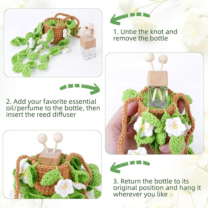 Crochet Car Air Freshener, 8ml Empty Refillable Oil Diffuser Bottle with Hanging Crochet White Daisies Plant & Hanging Tools, Car Rearview Mirror Diffuser for Wall Art & Home & Office Decoration