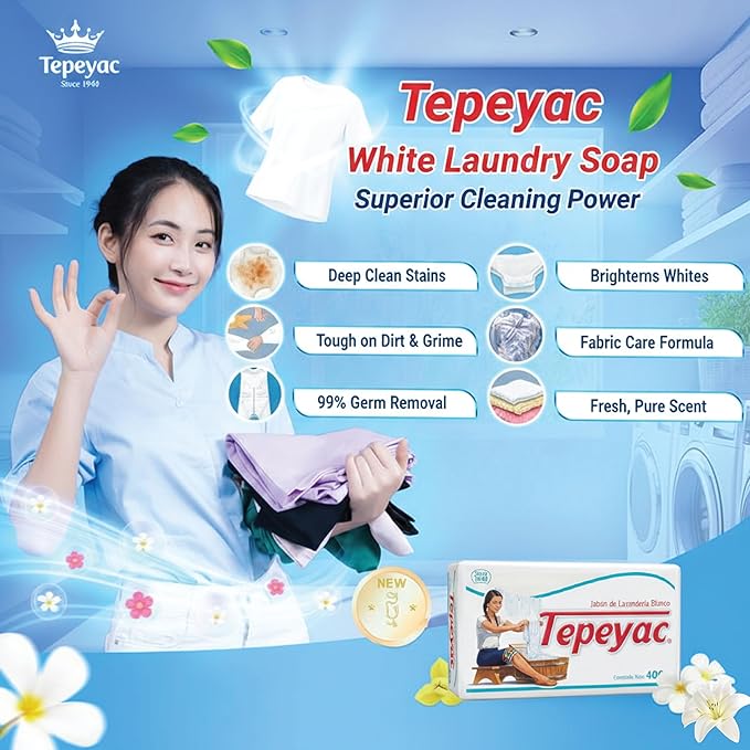 Tepeyac Biodegradable White Laundry Bar and Tough Stain Remover, For all Fabric Types - Fresh Scent 400 g (Pack of 4)