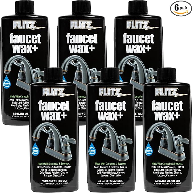 Flitz Faucet Wax Plus - 7.6oz Bottle of USA-Made, Water-Based Faucet Cleaner & Polisher for Water Stains, Fingerprints, & More - Metal Wax for Bronze, Nickel, Chrome, Brass - Granite Polish (6 Pack)
