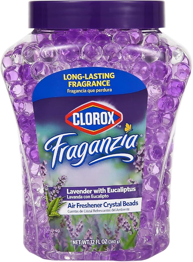 Clorox Fraganzia Crystal Beads Air Freshener, Long Lasting Room Deodorizer and Odor Eliminator Gel Beads to Freshen Home, Car, or Office, Lavender with Eucalyptus Scent, 12 Fl Oz - 12 Pack