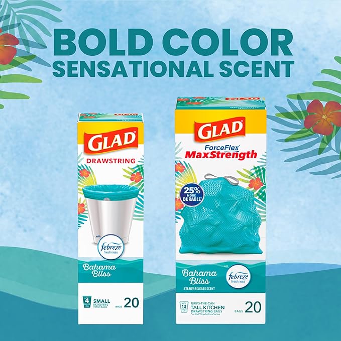 Glad Small Trash Bags 4 Gallon, Febreze Bahama Bliss Garbage Bags, Odor Resistant with Drawstring, 80 Count (Pack of 2)