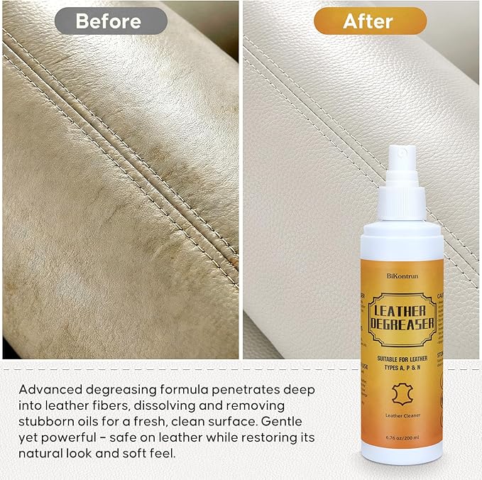 Leather Cleaner Degreaser – Quick Spray & Wipe Formula for Car Seats, Sofas, Handbags, Jackets & Shoes – Removes Grease & Oil, Gentle Leather Care, No Residue, Easy to Use