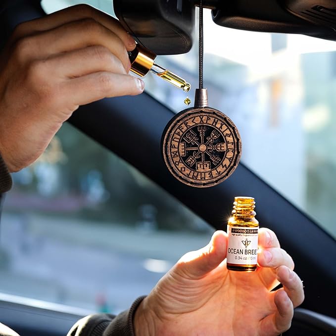 Wood Car Air Freshener — Handmade Car Air Freshener — Vegvisir Designed Fragrance Oil Diffuser in Wooden Gift Box — Aromatherapy Gift Set with diAquatoria Fragrance Oil - 10 ml