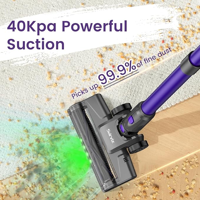 Cordless Vacuum Cleaner, 40KPA/500W/35Mins, Powerful Suction with Green LED Dust Detection, Stick Vacuum Self-Standing, Lightweight Handheld Vacuum for Pet Hair, Carpet & Hard Floor