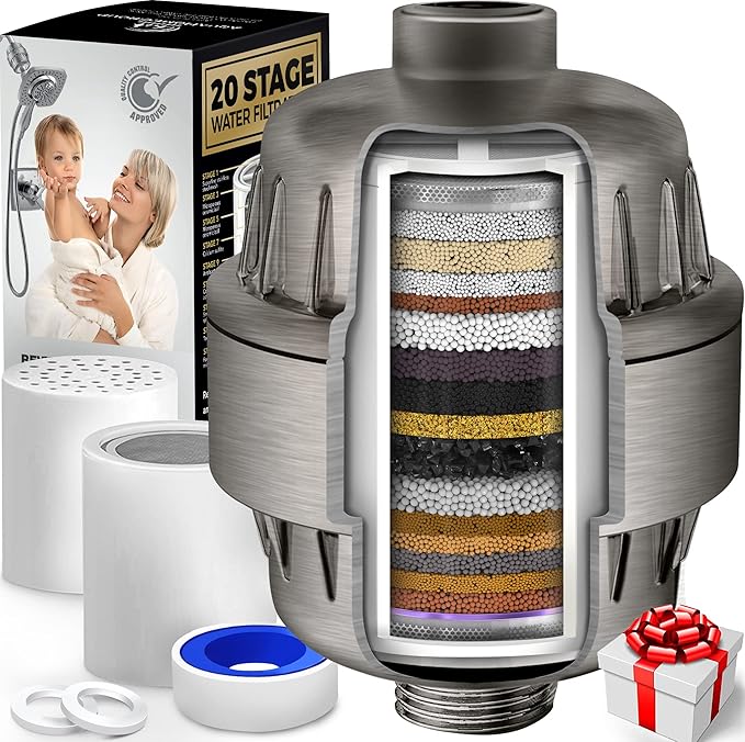 AquaHomeGroup 20 Stage Shower Head Filter with Vitamin C E A - High Output Filter to Reduce Chlorine - 2 Replacement Cartridges - Consistent Flow Showerhead Filter