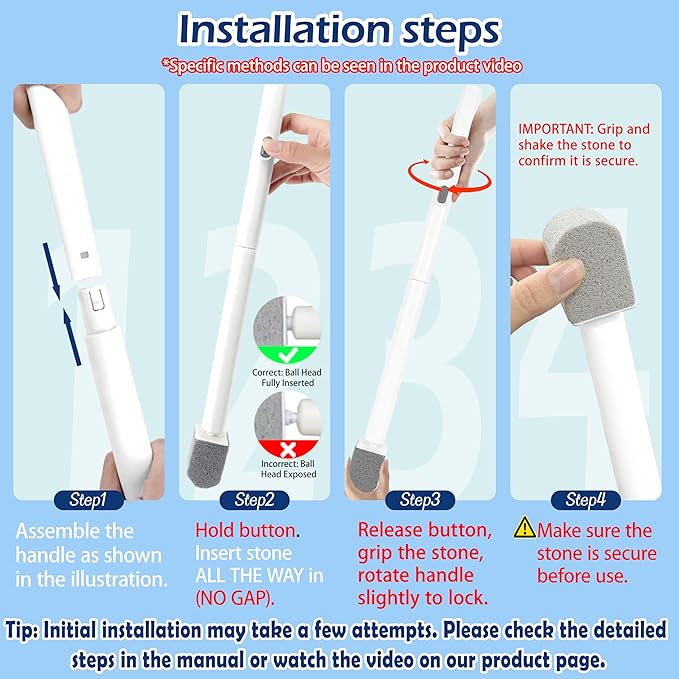 Pumice Stone Toilet Bowl Cleaner with 20" Ultra Long Handle, Push-Button Replaceable Head Hard Water Ring Stain Remover for Bathroom, Bathtub, Pool, Kitchen Sink Cleaning, 8 Pack (gray)