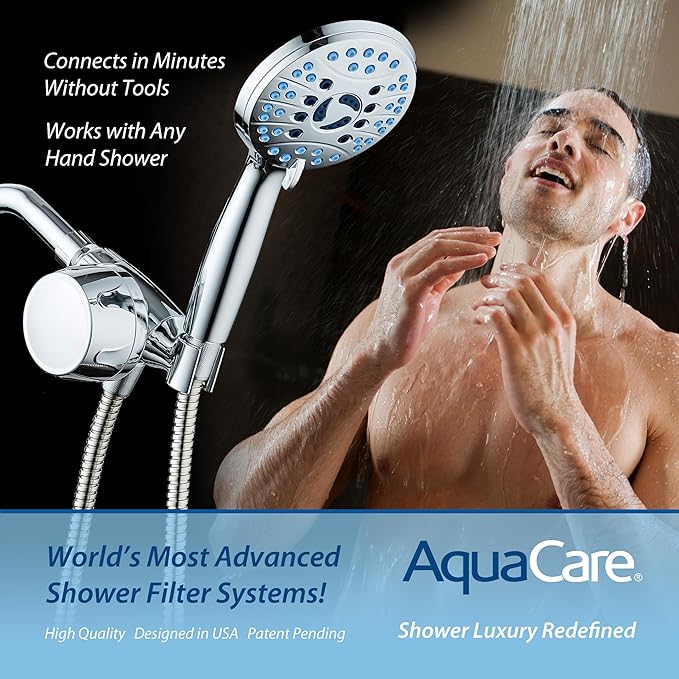 AquaCare Skin & Hair - World's Only Handheld Shower Head Filter with Built-in Hand Shower Bracket, ON/OFF Filtration Modes, Instant Cartridge Reload & Stay-Clean American KDF Cartridge, Chrome Finish