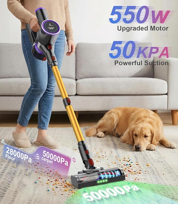 Cordless Vacuum Cleaner, 550W 50KPa 45Mins Vacuum Cleaners for Home, Self-Standing Stick Vacuum with Anti-Tangle Brush & LED Display for Hardwood Floors, Carpet, Pet Hair, Car