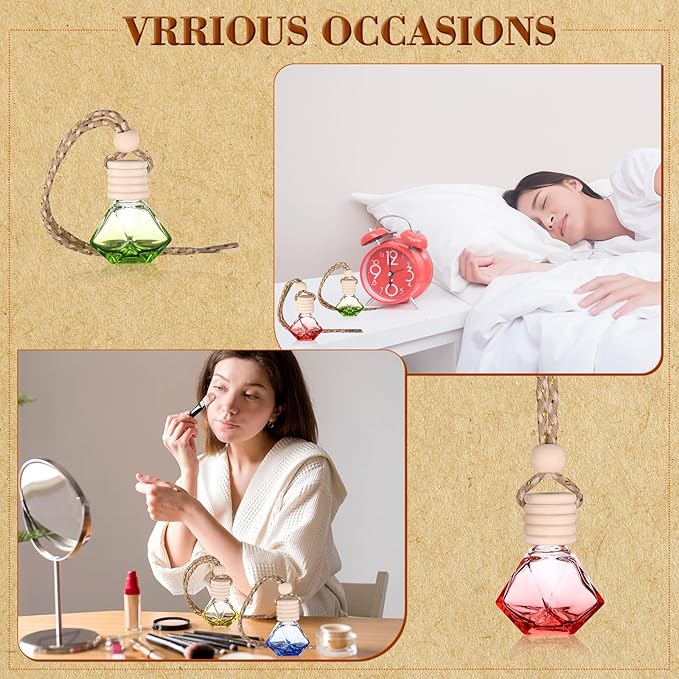60 Pcs 8ml Hanging Car Air Freshener Diffuser Empty Clear Glass Essential Diffuser Oil Aromatherapy Fragrance Perfume Bottle with Wooden Cap for Car Home Office
