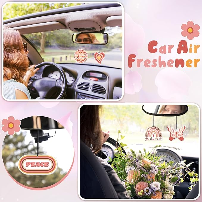 Demissle 24 Pcs Boho Hippie Car Air Fresheners Bulk Cute Groovy Hanging Air Freshener Pink Rainbow Scented Fresheners Rearview Mirror Decor for Women Gift Car Accessories