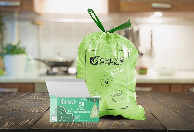 Emily's Choice Heavy Duty Biodegradable Trash Bag Code M (50 Count)with D2W Technology, Custom Fit Trash Bag compatible with Simplehuman Code M trash bins, 45L / 12 Gallons 1.2 MIL / 30 Micron