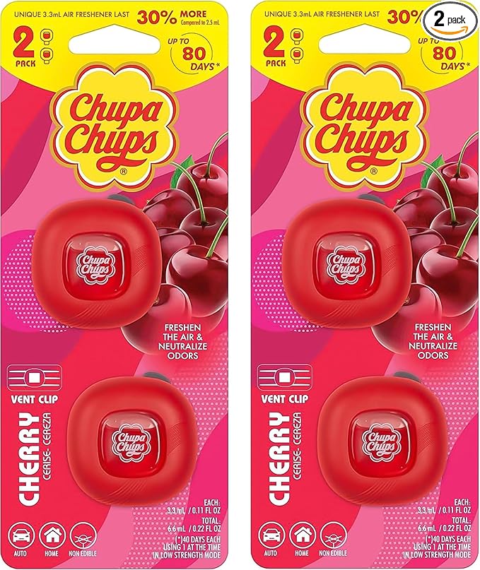 Chupa Chups Car Air Freshener, Candy Cherry - Long Lasting Car Fresheners with Fun Scents, Colorful and Vibrant Air Freshener for Car, Unique Car Freshner Perfume Deodorizer- 2Pack (4pcs Total)