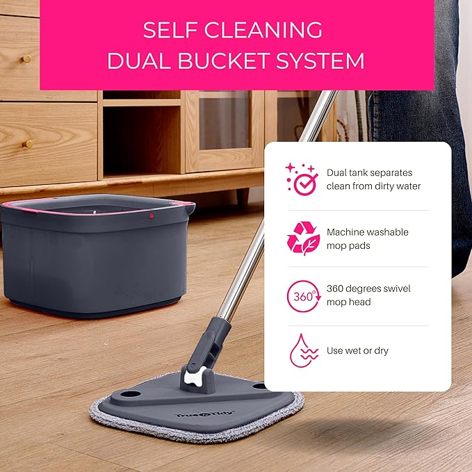 True & Tidy Spin Mop and Bucket System Deluxe with Silicone Sweeper Mop Head and 4 Machine Washable Microfiber Mop Pads