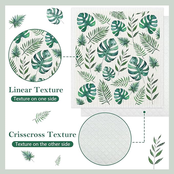 Mixed Plants Swedish Kitchen Dishcloths Dish Towels 6 Pack, Plants Dish Towels for Kitchen, Swedish Dishcloth with Ferns, Paper Towels Reusable, Dish Cloth Towel Cleaning Wipe for Home Party