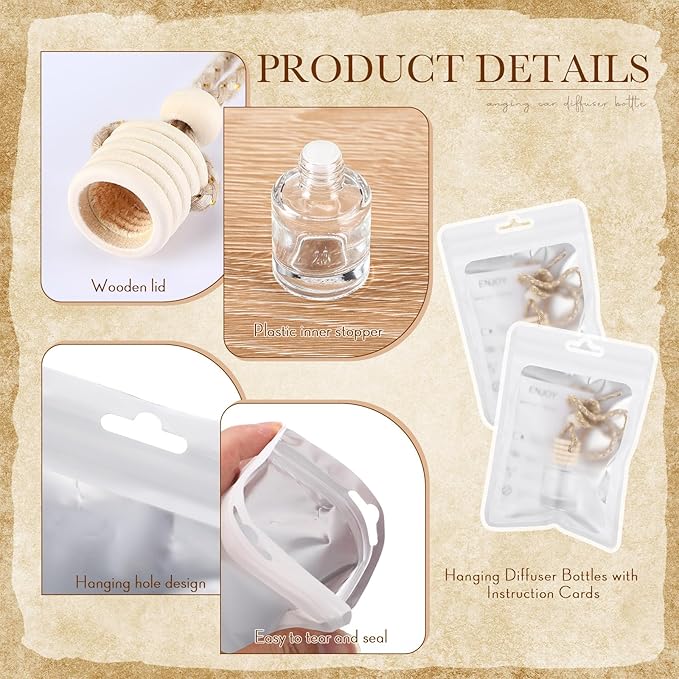 Boao 200 Sets Hanging Car Air Freshener Diffuser Bottles with Instruction Card and 4 x 6'' Resealable Holographic Bag for Empty Car Essential Oil Perfume Bottles Packaging (Cylinder)