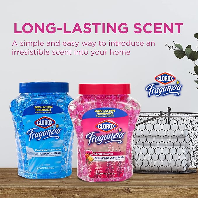 Clorox Fraganzia Crystal Beads Air Freshener, Long Lasting Room Deodorizer and Odor Eliminator Gel Beads to Freshen Home, Car, or Office, Spring Scent, 12 Fl Oz - 12 Pack